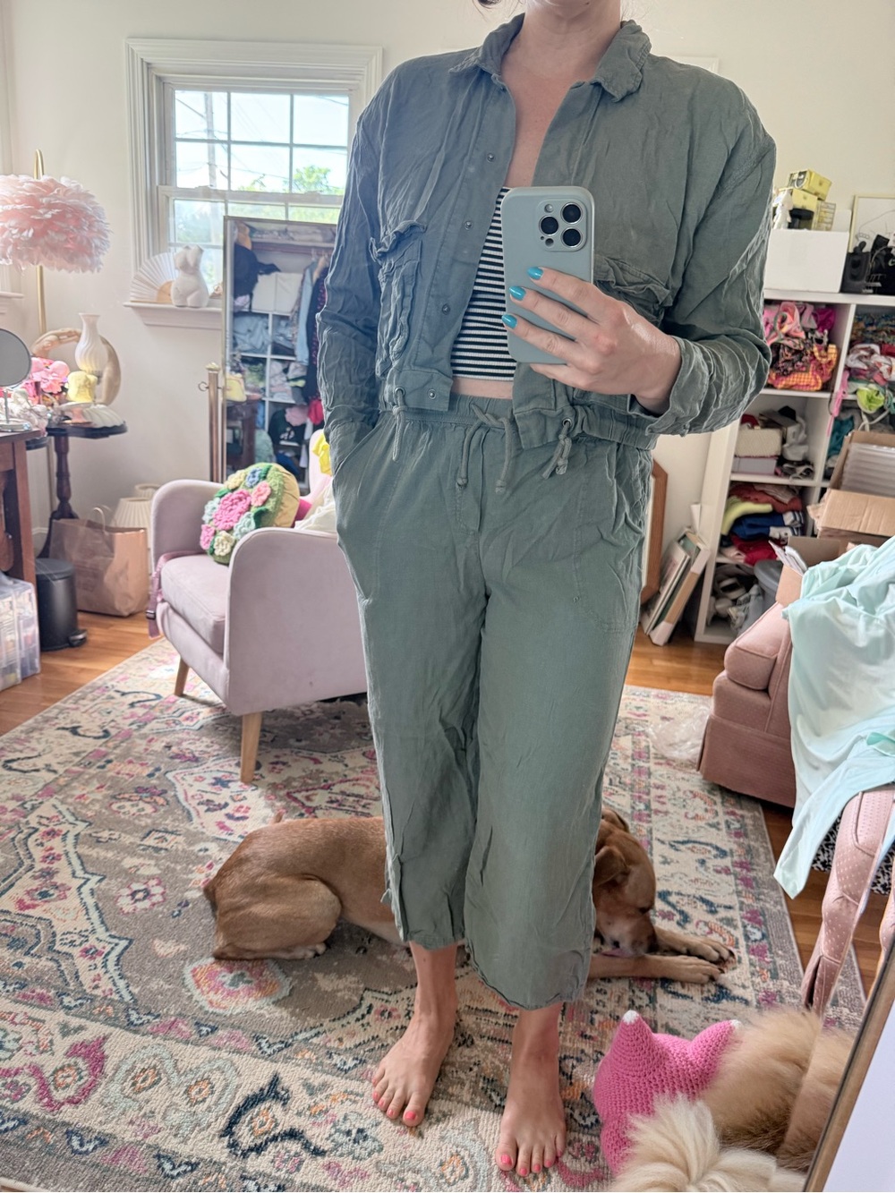 Splendid Olive Green Cropped Drawstring Jumpsuit